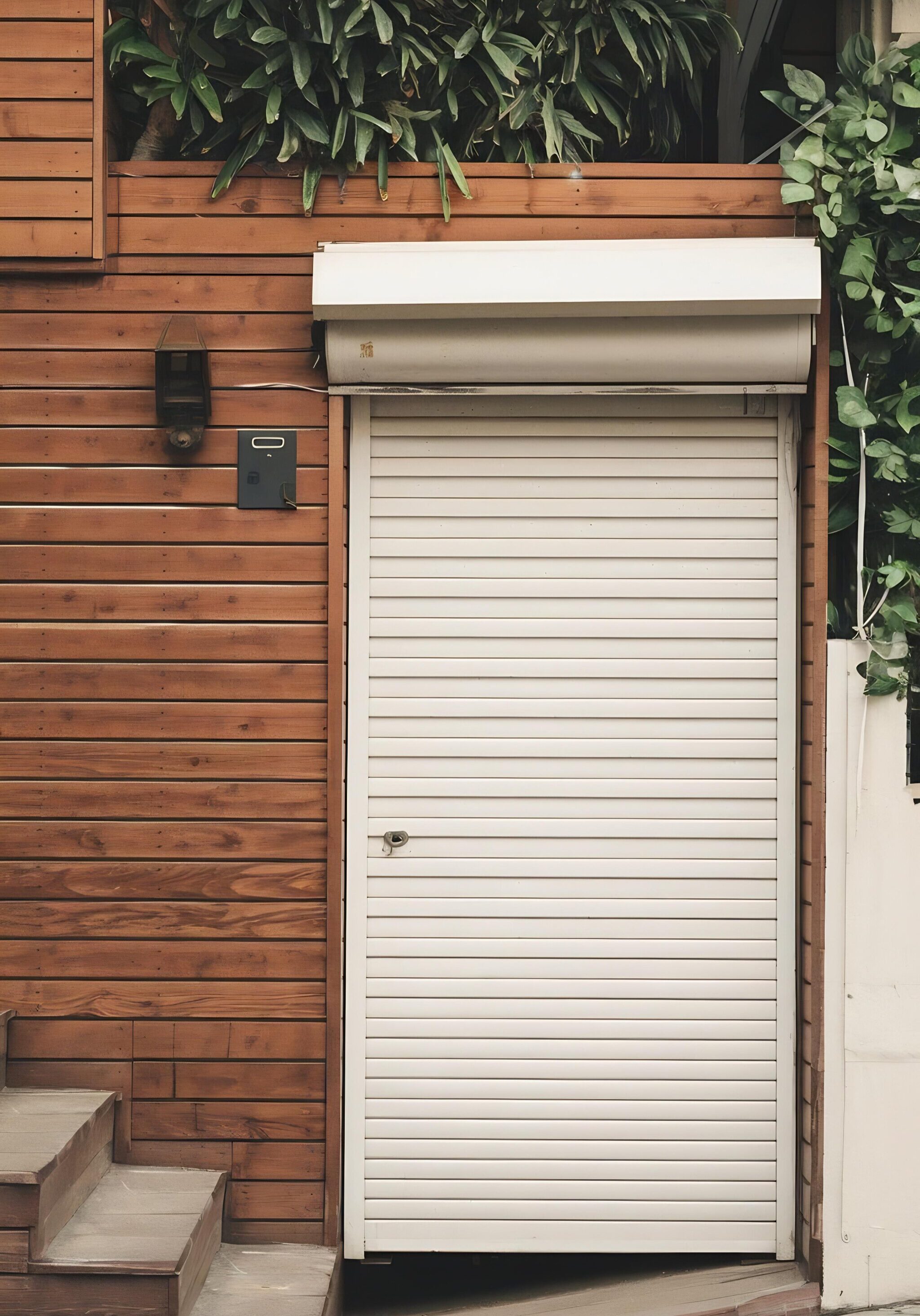 White roller door on a home with a timber feature facade