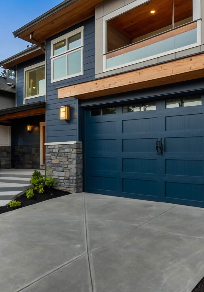 Modern house exterior with two car garage, spacious driveway and nice landscape
