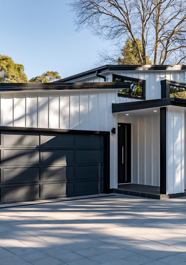 white-house-with-black-garage-door-suburban-neighborhood